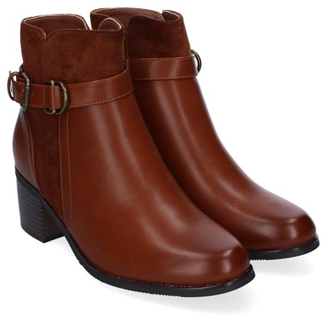 86629 Botines de Tacon para Mujer, Comodos y Elegantes con Detalle de Hebilla, Punta Redonda y Cierre de Cremallera Lateral, Ideales para Otono-Invierno. Camel Talla 36