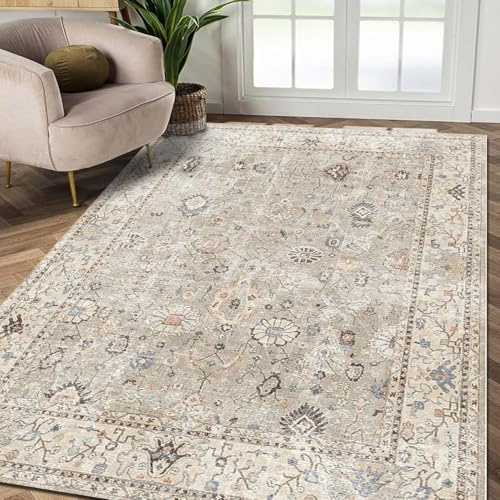 bamyum Monty Bedruckter Teppich Chenille-Druck Maschinell Hergestellt 200 x 250 cm, Waschbarer Wohnzimmer Vintage Schlafzimmer, Antibakteriell Antirutschunterlage Küchenteppich Beige