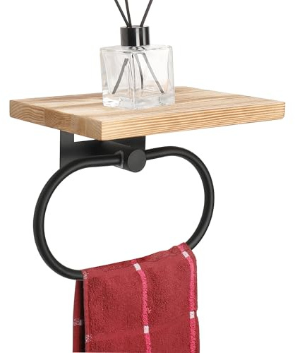 TocTen Hand Towel Holder for Bathroom Wall Mount Towel Ring with Wooden Shelf, Premium Metal Hand Towel Rack, Bathroom Accessories Rustic Hand Towel Hanger for Bathroom Kitchen RV(Matte Black)
