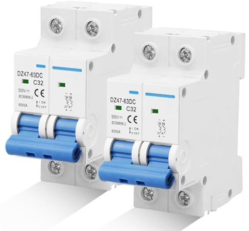 HOSPAOP 2 Stück DC Trennschalter PV Anlage, 500V 32A 2 Polig Solar Leitungsschutzschalter, Sicherungsautomat Schutzschalter für Photovoltaik-Systeme, Schutzluftschalter 35mm DIN-Schienenmontage