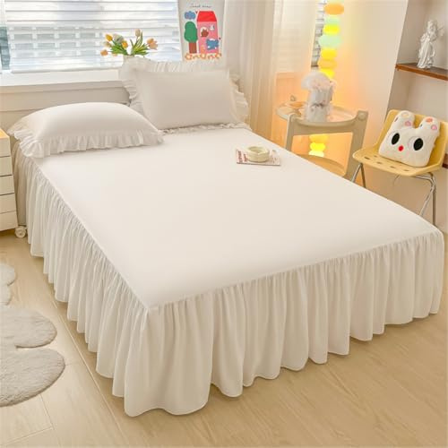 Highdi Jupe de lit à Volants Microfibre Couvre-lit Couleur Unie Coloré Doux et Antidérapant Cache Sommier avec Ourlet Élastique Drap Housse Para Single Queen King (120x200cm,Blanc)