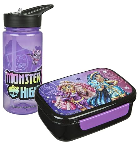 Scooli - Monster High barnporslin, presentset – set bestående av matlåda och drickflaska – perfekt för skola eller dagis – från 4 år – tillverkad av plast – BPA-fri