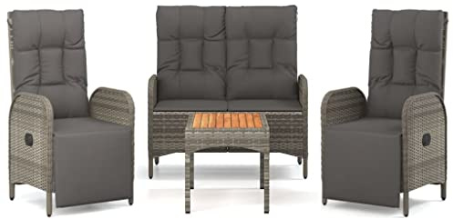Willood 4 TLG. Garten Essgruppe mit Kissen Grau Gartenmöbel Set mit Kissen Sitzgruppe für Garten Terrasse Poly Rattan Bank + 2X Sessel + Tisch 1 Stück