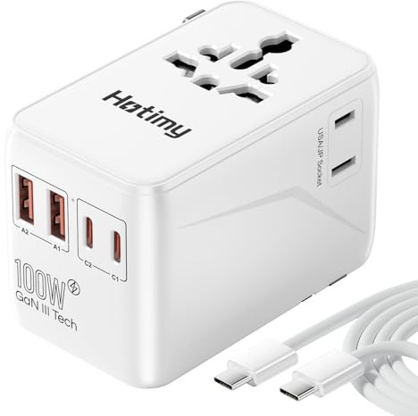 100W GaN Universal Travel Adapter Worldwide, International Travel Plug Adapter with 2PD USB-C & 2QC USB-A, All in One Universal Plug Adapter with Dual 10A Fuses for Laptops, Tablets, Phones