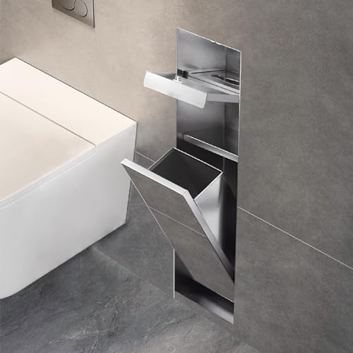 Baño de acero inoxidable, soporte empotrado para papel higiénico y armario de almacenamiento con soporte para escobilla de inodoro para ducha, baño público, parque (gris)