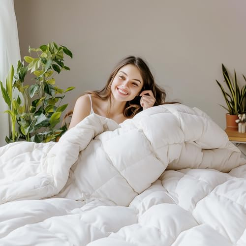 SANSWAN Goose Down Feather Fiber Comforter Full Size - All Season White Duvet Insert with 100% Organic Cotton Fabric - Luxurious Hotel Collection Bedding,Ultra Soft,Medium Warmth (82x86 Inch)