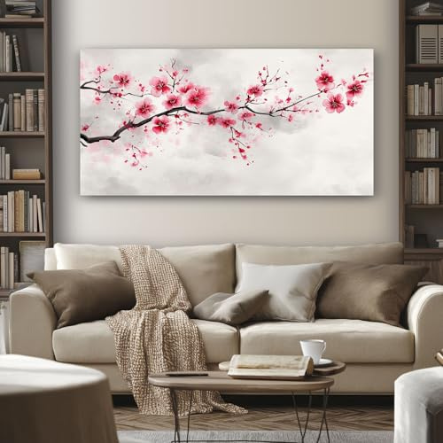 Grand Japonais Tableau Decoration Murale Poster Mural Sans Cadre 70x140 cm | Fleur de Cerisier Salon Aquarelle Branche Impression sur Toile Peinture sur Toile pour Chambre Cuisine Bureau Horizontal