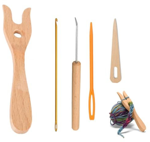 Bamyli Set för stickgafflar, 5 stycken, virknålsset, stickgaffel trä, virknål trä, synål, stickgaffel för barn, gör-det-själv-vävverktyg för kreativ vävning, handgjorda rep