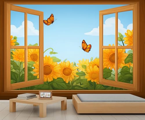 Fenster-Sonnenblumen-Wandtapete, Schmetterling und Blume, Kinder-Tapete, Cartoon-Blumen-Jungen, Tapete für Kinderzimmer, Wohnzimmer, Wandbild, Poster, 200 x 140 cm