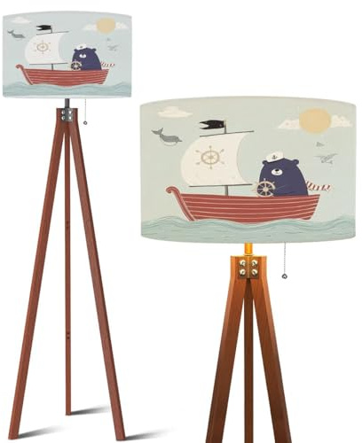 Wood Tripod Floor Lamp Cute bear pirate sailboat gulls Childish sea ocean landscape Hand Modern Standing Lamp Linen Lampshade Dimmable Tall Lamp Mid Century Floor Lamp for Living Room Bedroom