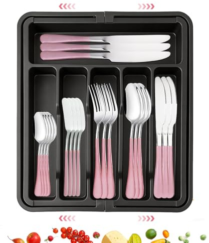 AVEKI Stainless Steel Flatware Set, 30 Pieces Cutlery Set with Extendable Drawer Organizer, Silverware Cutlery Set for 6 Person, Mirror Polished Tableware Set for Home,Kitchen,Restaurant (Pink-Silver)