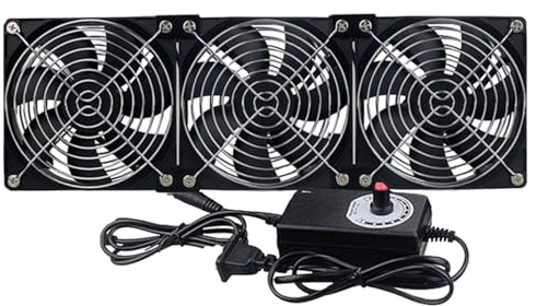 3 x 120 mm fläktar med varvtalsregulator, 12 cm PC-husfläkt 3–12 V justerbar, 30 dBA tyst – inkl. strömförsörjning och metallgaller för dator, server, skåp, terrarium, husdjurslåda och