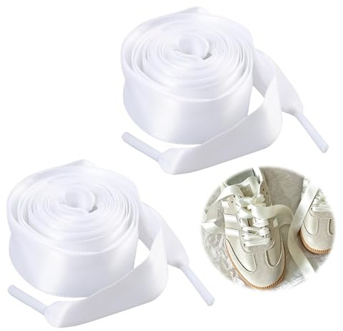 Nexaflow 2 par satinband, 140 cm och 160 cm, 2 cm breda, platta vita satinsnören för sneakers, stövlar och platta skor