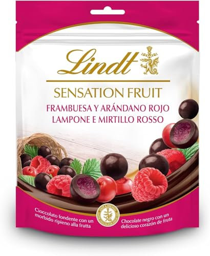 Lindt Sensation Fruit - Bolitas de Chocolate Negro con Frambuesa y Arándano Rojo, bolitas de chocolate con interior de fruta, 150gr