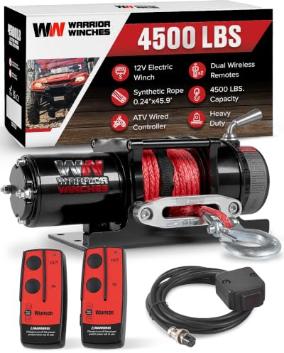 Warrior Ninja 4500lb 12V Winde - Kabel-Handsteuerung, Hochdrehmomentmotor, HD-Kontakte, Stahlgetriebe, Montageplatte, Haken, Vollständige Lasthaltebremse - Synthetikseil