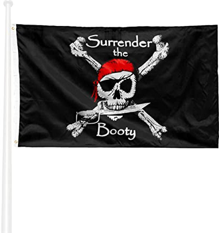 KliKil Bandera Piratas Booty Grande - 1 Bandera de Pirata pañuelo rojo para Balcon, Bandera Piratas Surrender the Booty Para Exterior Jardin y para poner en un Mastil, Pirate Flag - 90x150 cm