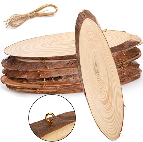 DEAYOU 8 Stück natürliche Holzscheiben, unlackiertes Holzhandwerk mit Rinde, Baumscheibe Holzschild mit kleinem Augenring, Holzplatte Plaque Plank für Tafelaufsatz, DIY, 23-27 cm L x 8-10 cm B, oval