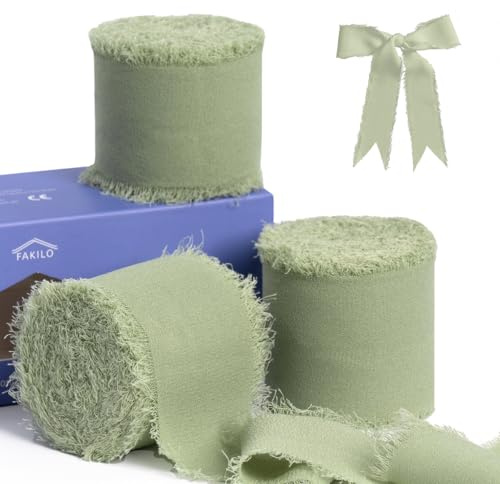 Cinta de gasa verde salvia para envolver regalos, cinta con flecos FAKILO, 3 rollos de 3,8cm x 6,5 m, juego de cintas vintage para invitaciones de boda