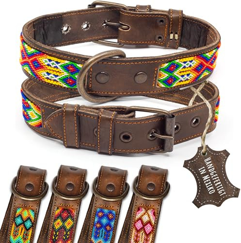 ALTEZAR Lederhalsband Hund - Doppelt Tribal Bestickt Farbenrausch Braun - Hochwertiges Hundehalsband Leder - Handgemacht in Mexiko - Größe M - Halsband Hund für mittel-große Hunde Leder breit