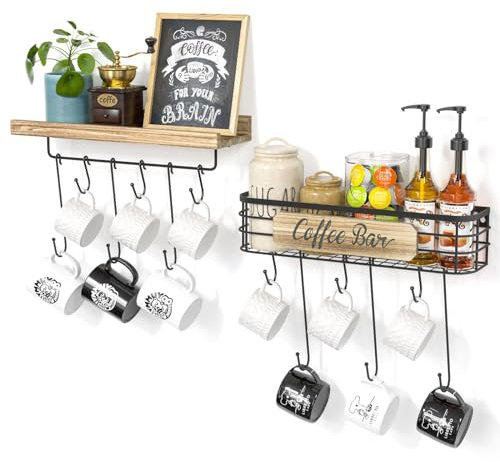 Filano Kaffeebecherhalter, 2 Stück, Kaffee-Bar-Regal mit 12 Tassenhaken, Tassen-Organizer, schwimmende Tassenregale für Wand, Kaffeetassen-Display, Aufhänger für Pods, Bauernhaus, Café, Bar