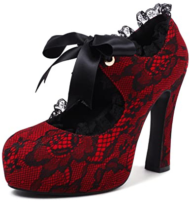 elerhythm Femmes en dentelle fleurie Mary Jane Punk Bout fermé Costume Élégant Gothique Escarpins Vintage Plateforme à talons hauts, rouge, 37 EU