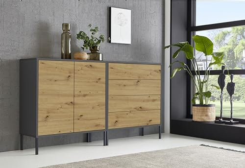 BMG Möbel Sideboard Mailand Set 3, grifflos, Metallfüßen, Anthrazit/Artisan Eiche