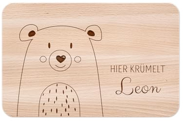 wunderwunsch - Personalisiertes Holzbrett mit präziser Gravur für Kinder - Personalisiertes Frühstücksbrettchen - Niedliche Motiv-Brettchen mit Namen (Bär)