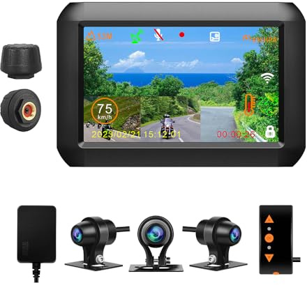 VSYSTO Motorrad Rückfahrkamera,4'' Bildschirm WiFi Motorrad Dash Cam mit TPMS GPS HD 1080P Front und 720P linke und rechte Kamera, Telefon Assistent Modus Temperatursensor Parküberwachung(Schwarz-F3M)