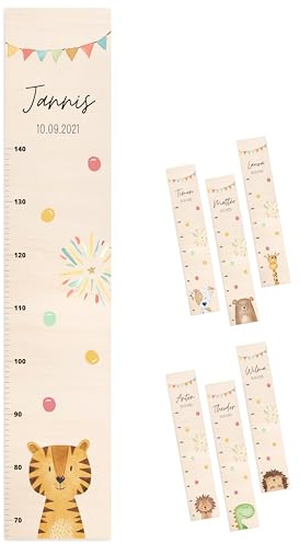 wunderwunsch® - Personalisierte Messlatte Kind Holz zum Kleben oder Aufhängen - Skala 70-140cm - Süße Dekoration für Baby- & Kleinkinderzimmer (Tiger)