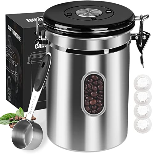 1800ML Airtight Coffee Canister with Date Tracker and Transparent Window, 22.8OZ Coffe Beans Storage with 30ML Measure Spoon&4 co2 Valve, Coffee Container for Grounds Coffee, Beans, Tea, Sugar, Flour