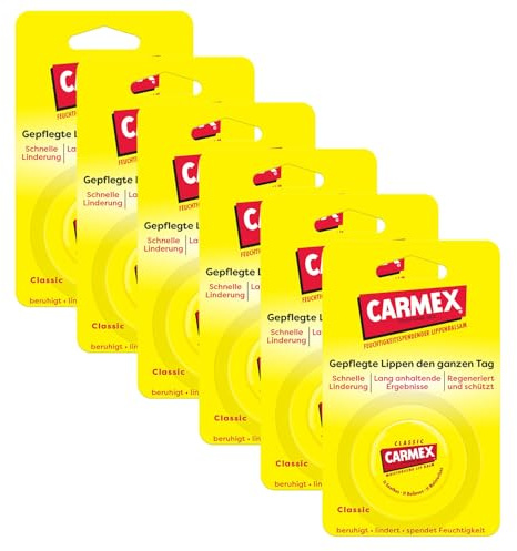 Carmex Classic Tiegel - Lippenpflege für trockene Lippen, Lippenbalsam feuchtigkeitsspendend und beruhigend für rissige Lippen, mit Vaseline, Vitamin E und Bienenwachs - (6 x 7,5 g)