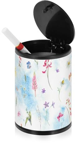 Aquarell Kräuter, Kamille, Schmetterlinge, botanische Außenaschenbecher für Zigaretten mit Deckel, Edelstahl, tragbares Autozubehör, Aschenbecher für Zigaretten für Reisen, Camping