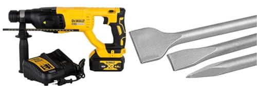 DEWALT - Perforateur-Burineur SDS-PLUS Brushless 2.6J 18V 4Ah Li-Ion - Sans Fil avec Coffret TSTAK & Jeu de 3 Burins SDS-PLUS - 2 Burins Plats et 1 Burins Pointu 25 cm - Travail du Béton