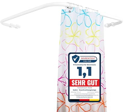 Sasko Duschvorhangstange Duschstange Duschvorhang L-Form Symmetrisch Aluminium Stabile Belastbarkeit 25 kg Gardinenstange für Vorhang für Badewanne & Dusche Wandmontage - Weiß - 70x70 cm