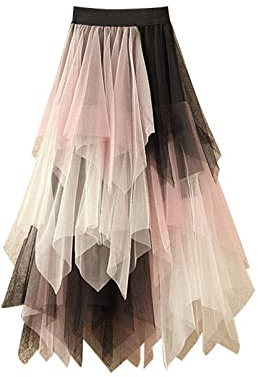 Women Asymmetrical Tulle Tutu Skirt Tiered Layered Mesh Fairy Skirts Elastic Waist A-Line Midi Skirt (A-Pink Apricot Black, ONE Size)