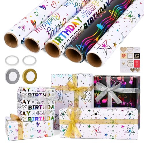 5 Rolle Geschenkpapier Ambesty 43 x 300cm mit 2 Rolle Band - Geschenkverpackung für Weihnachten, Kindertag, Valentinstag, Muttertag