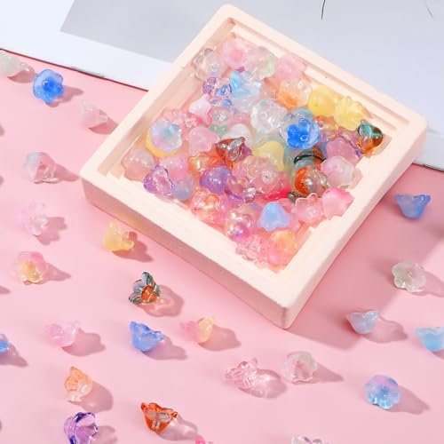 100Pcs Glass Beads for Crafting, Flower Beads for Jewelry Making, Mini Clear Gradient Bellflower Charm Beads Bulk, Small Czech Glass Beads, Flower Beads Bulk for Bracelets Lampwork DIY Crafts