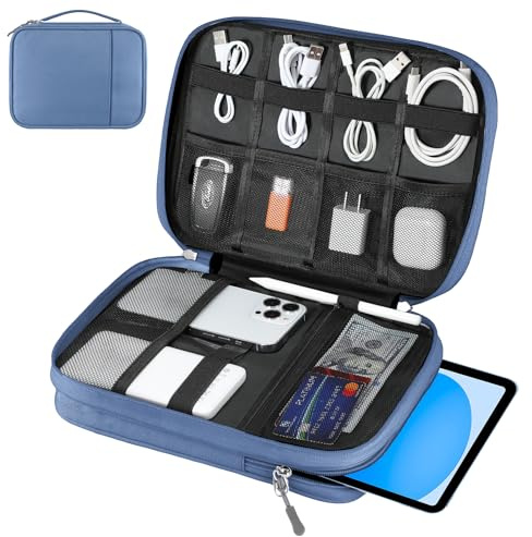 Dadanism Bolsa Organizadora Cables Universal de Viaje, Electrónicos Accesorios Cable Organizer Bag de Doble Capa para Tabletas de 9-11, Phone, Cable, Cargador, Power Bank, Memoria USB, Azul