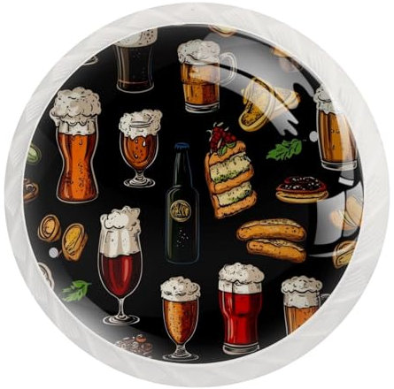 Set di 12 pomelli rotondi per cassetti e bottiglie con snack su sfondo nero, pomelli per cassettiera, armadio, armadio, con viti, decorazione per casa e ufficio