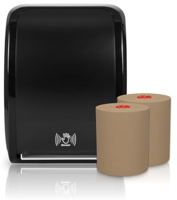 Blanc HYGIENIC COSMOS Sensor-Handtuchspender Schwarz + 2 ECO-Rollen | Sensor-Handtuchspender, 2 ECO-Natural-Rollen à 140 m, 280 m gesamt, Restrollenfunktion, einstellbare Ausgabe