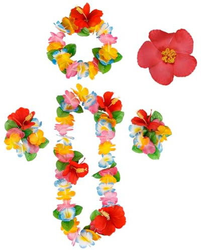 Hawaii Blumenkette,5 Hawaiian Party Luau Deko Kostüm Damen Set,Blumen Kette Blume Clip Armband Blumenkranz Hula Beach Gadgets Strand Outfit Dekoration,für Poolparty Tropical Verkleidung Karneval,Rot