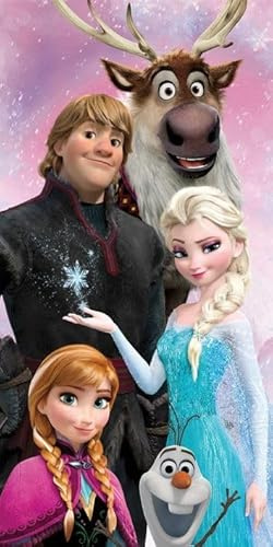 Disney Frozen Beach Towel | Soft & Absorbent 100% Cotton Kids’ Towel | Large 70x140cm | Featuring Elsa, Anna, Olaf, Sven & Kristoff | Bath, Pool & Beach Towel | Fast-Drying & Lightweight
