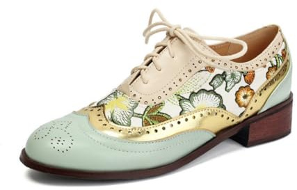 Vintage Brogue Oxfords etniskt broderi rund tå snörning tjock låg klack vardagliga platta skor, grön, 41 EU