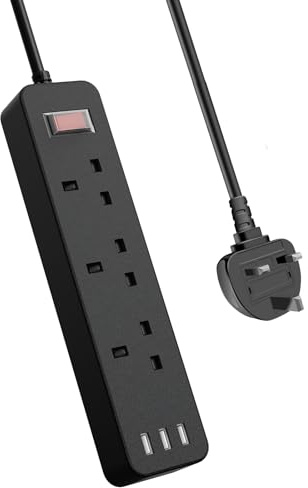 Outdoor Extension Lead with USB Slots,3 Way Power Strips with USB Ports, 1.8M Extension Cable with Surge Protection and Overload Protection, Waterproof Multi Plug Extension Socket for Home and Outdoor