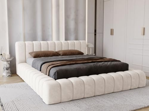 GRAINGOLD Italia Bett 180x200, Polsterbett mit Bettkasten, Polsterbett mit Stauraum, Samt Stoff, mit Lattenrost, mit Kopfteil, ohne Matratze (Creme, 180x200)