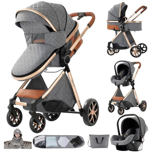 3 in 1 Kinderwagen Grau & Gold,Geräumiger Kombi-Kinderwagen | Einfach zusammenklappbar, reichhaltiges Zubehör für tägliche Ausflüge mit dem Kind.