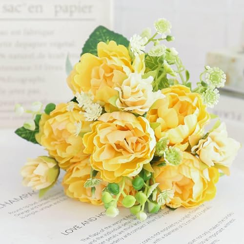 GVEKJ Fleurs artificielles en Soie, pivoines et hortensias, pour décoration de Salon, de Maison, de Mariage, de Bouquet de mariée, de Roses, de Fausses Plantes, Accessoires de Table - Jaune_a