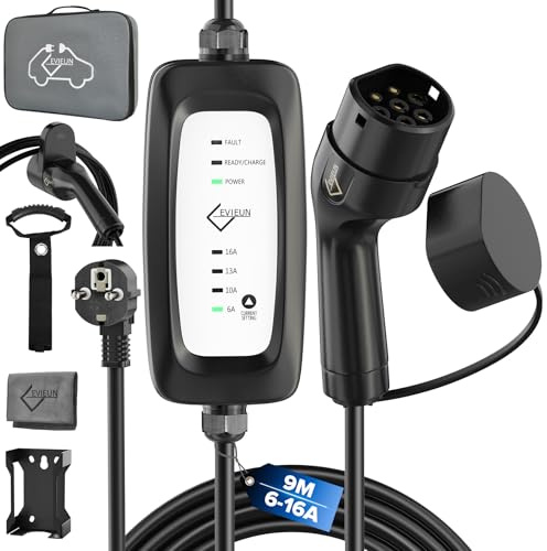 EVIEUN Colonnina Ricarica Auto Elettrica, 3,6kW 6-16A 9m Cavo Ricarica Auto Elettrica Tipo 2 Compatibile con ID.3/ID.4, Model 3/Y, Zoe, e-208, Spring e Altri EV/PHEV | Spina Schuko UE | IEC 62196-2