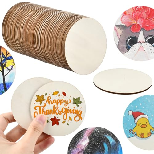 50pz Cerchi Creativi in Legno Grezzo Rotondi - Fette di Legno 7,5cm, Spessore 2.5 mm - Dischi Legno Naturale, Fetta di Tronco per Artigianato, Sottobicchieri, Decorazioni ed Ornamenti