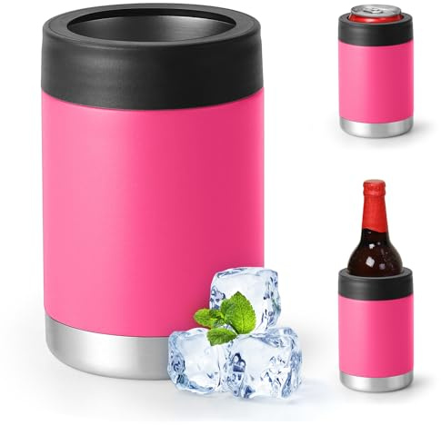 Raffreddatore per lattine di birra normali da 12, 14, 16 g o bottiglie di dimensioni sottili, in acciaio inox, isolamento a doppia parete (coperchio singolo, rosa scuro, 350 ml)